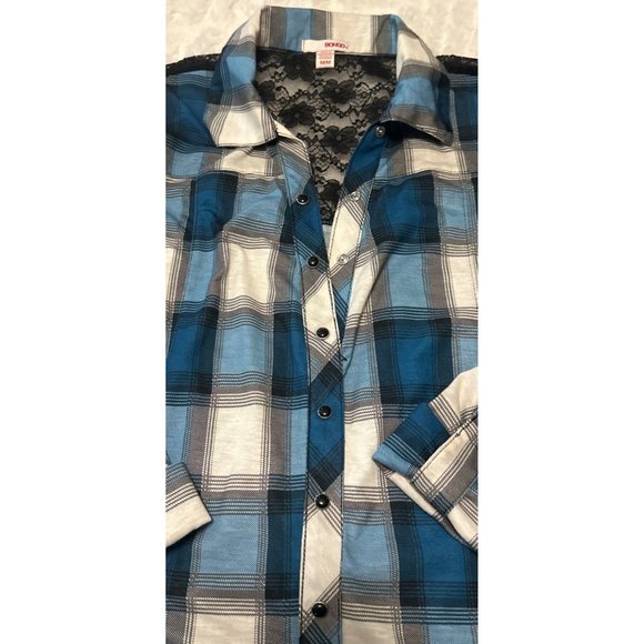 Women Bongo Brand Blouse Blue Plaid w/Lacey Back Polyester Blend Junior Size M - Picture 11 of 16